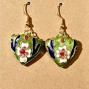 Vintage Cloisonné Floral Heart Earrings, Green and Gold Color, Unsure of Metals